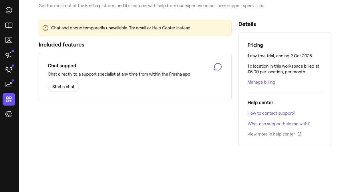 New location's support interface in Sheffield, England, GB showing chat options and pricing details.