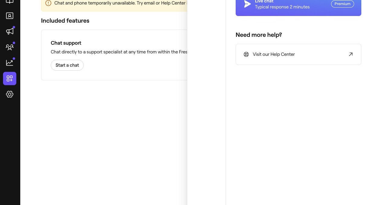 Support options screen at New Location, Sheffield, England, GB showing chat and help center options.