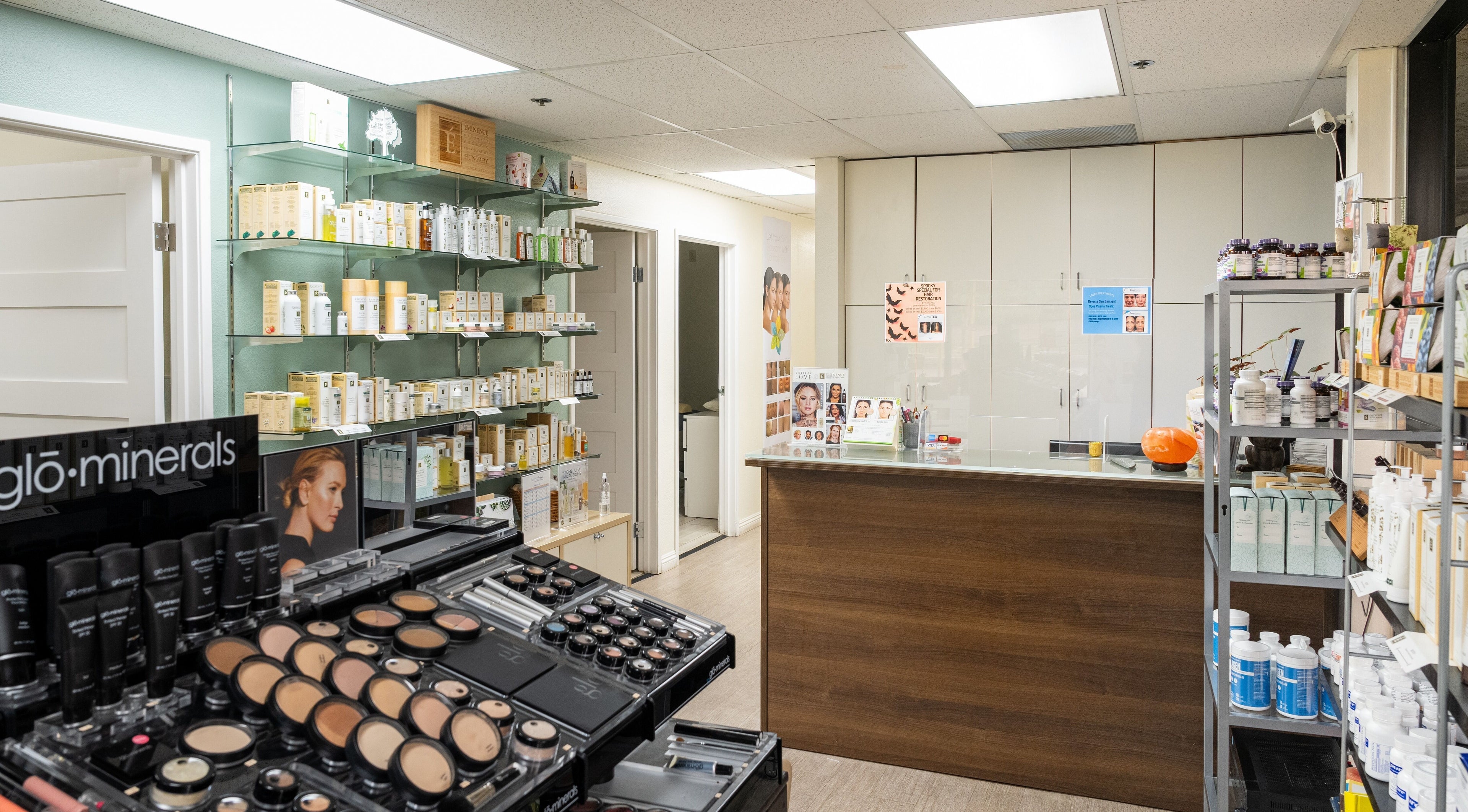 Bamboo Leaf Holistic Medi Spa's makeup and skincare display in Upland, California, US offers a serene shopping experience.