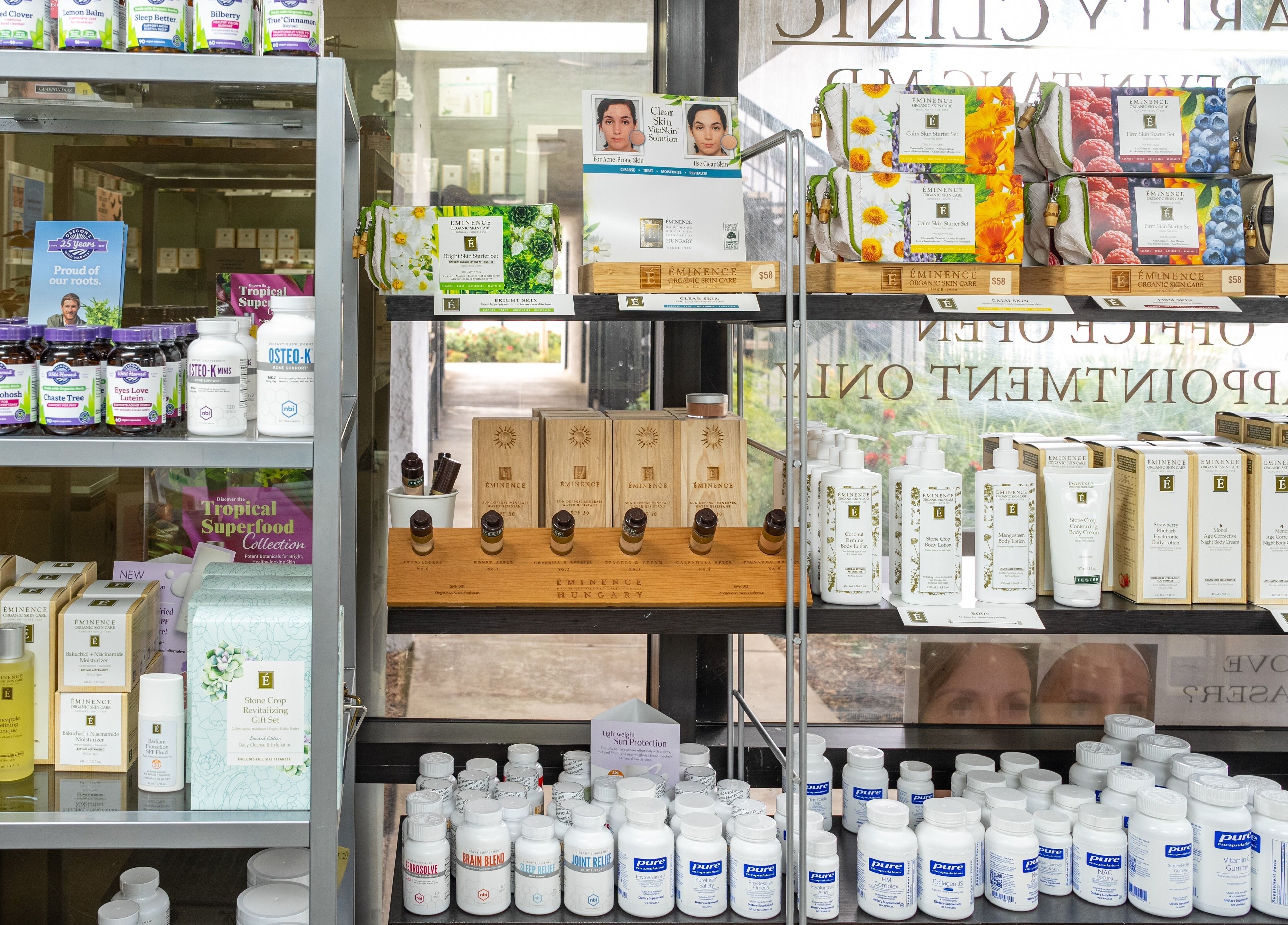 Products on display at Bamboo Leaf Holistic Medi Spa, Upland, California, US, featuring skincare and wellness items.