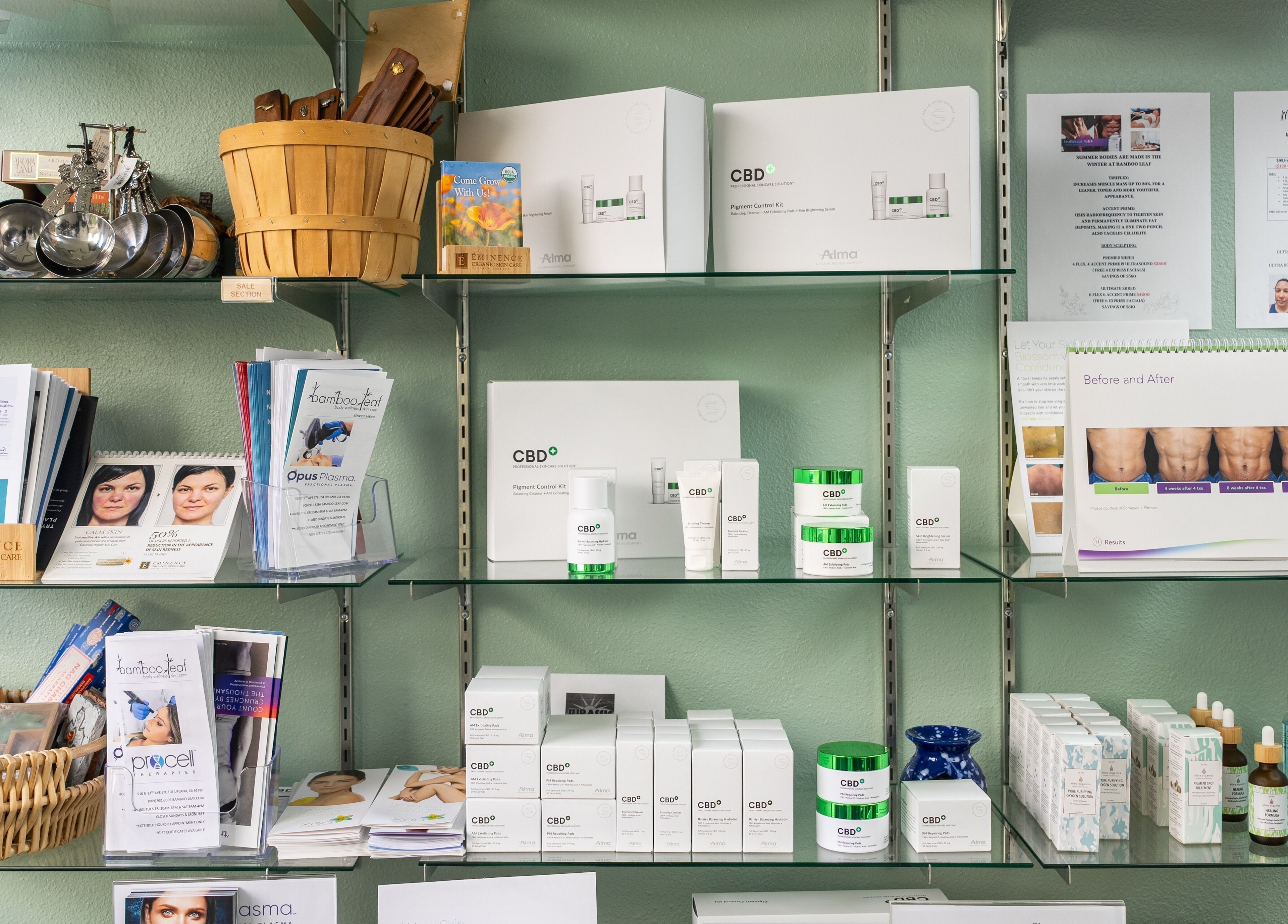 Bamboo Leaf Holistic Medi Spa product shelves showcasing skincare items in Upland, California, US.