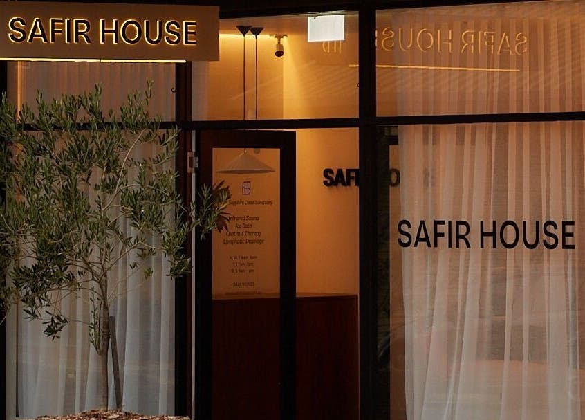 Entrance of Safir House, a serene venue in Merimbula, New South Wales, AU, featuring elegant decor.