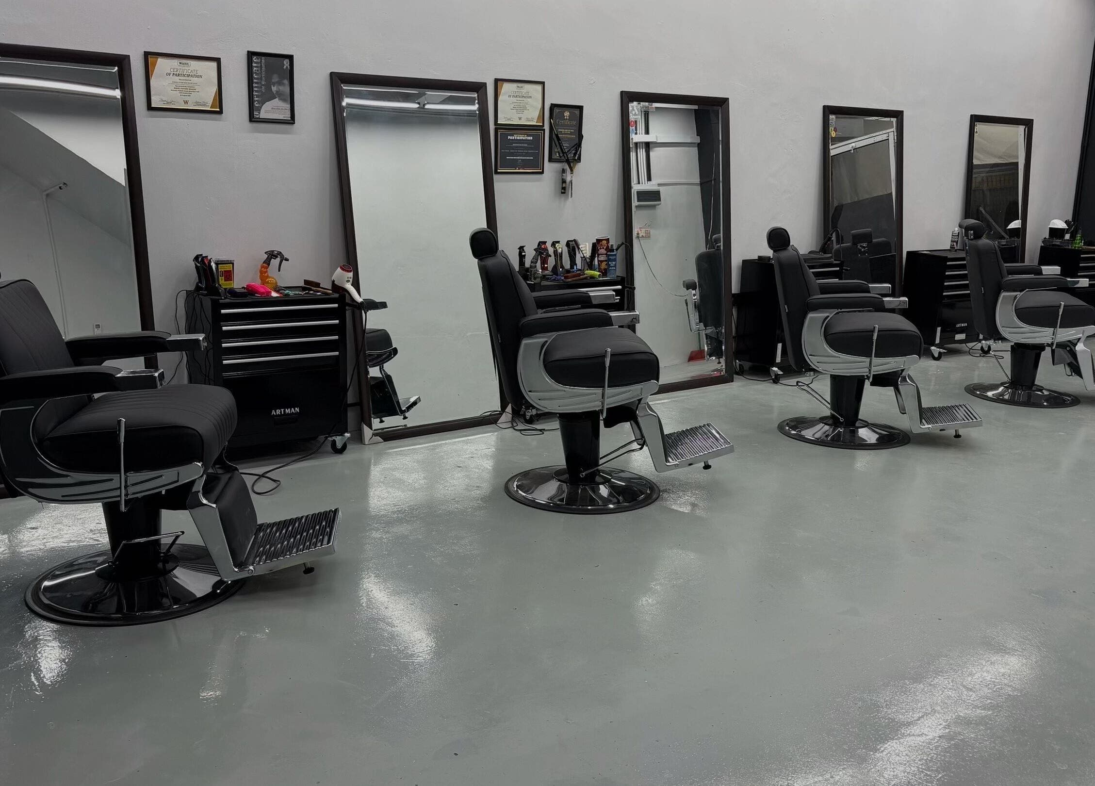 Stylish barber chairs lined up at Brotherhud Barberhouse Perda, Bukit Mertajam, Pulau Pinang, MY.
