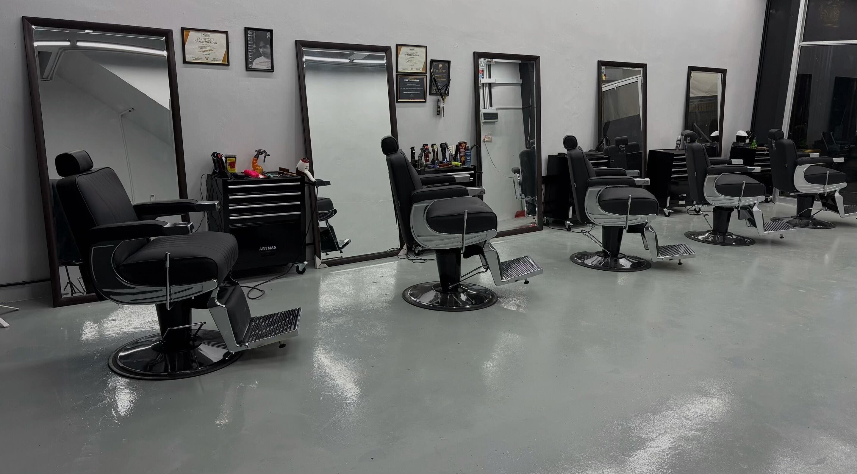 Stylish barber chairs lined up at Brotherhud Barberhouse Perda, Bukit Mertajam, Pulau Pinang, MY.