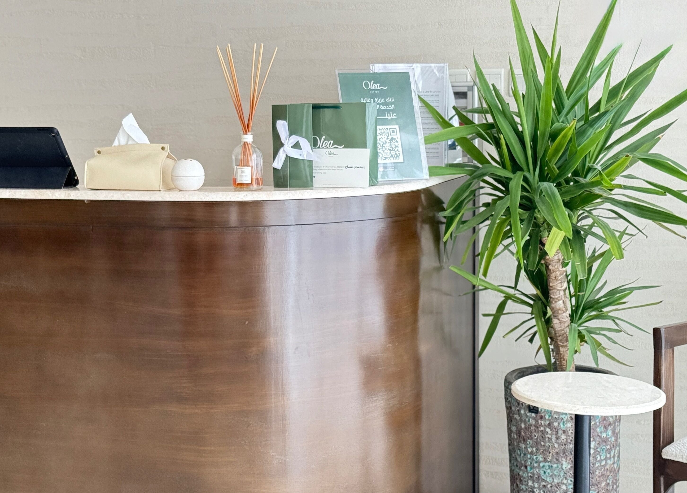 الاستقبال في Olea Spa بالرياض، منطقة الرياض، SA مع ديكور عصري ونباتات.