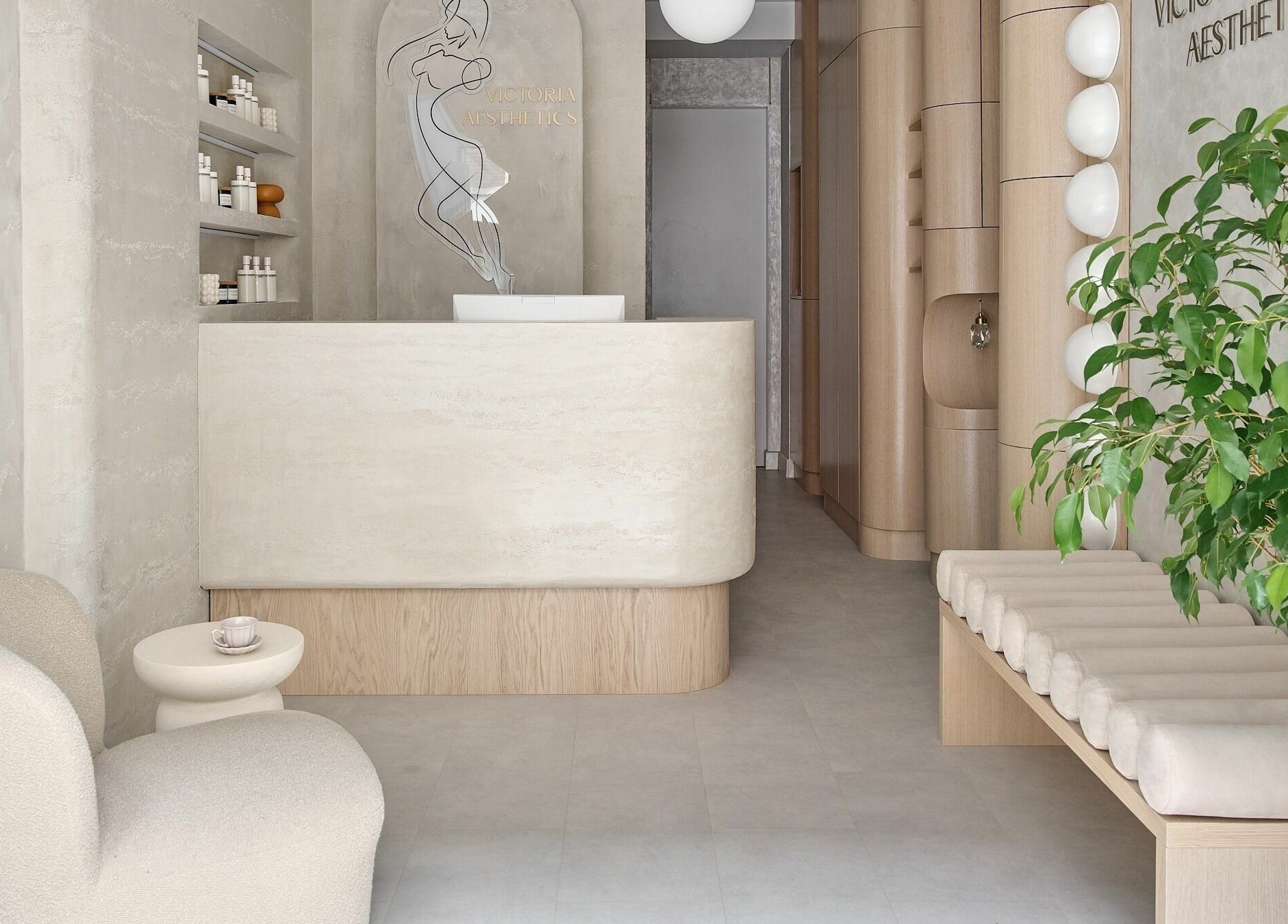 Stylish reception at Victoria Aesthetics in London, England, GB showcasing elegant design and natural decor.