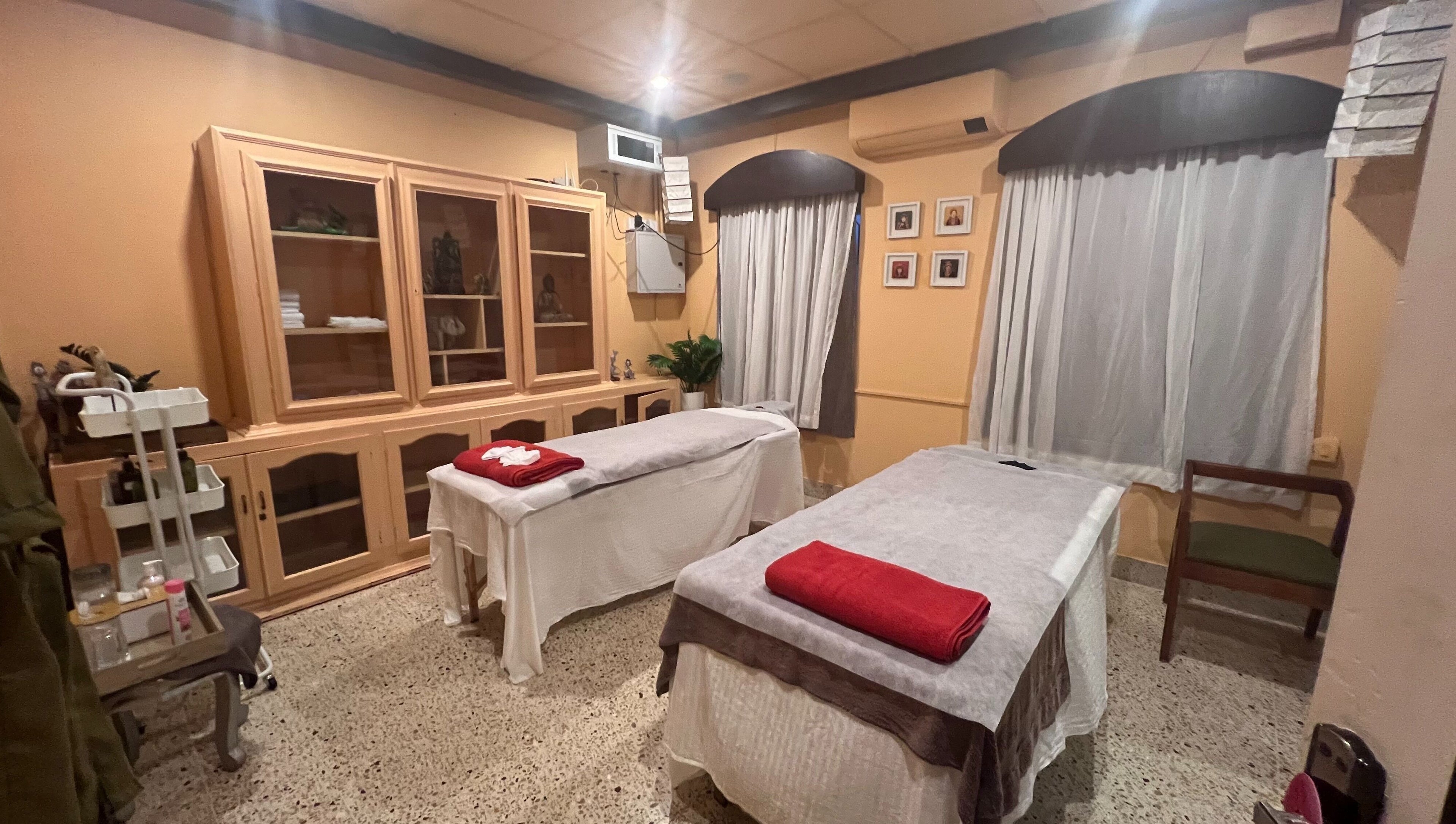Relaxing massage room at Praana Ayur Spa by Sarwaa, Varkala, Kerala, IN with two massage tables.