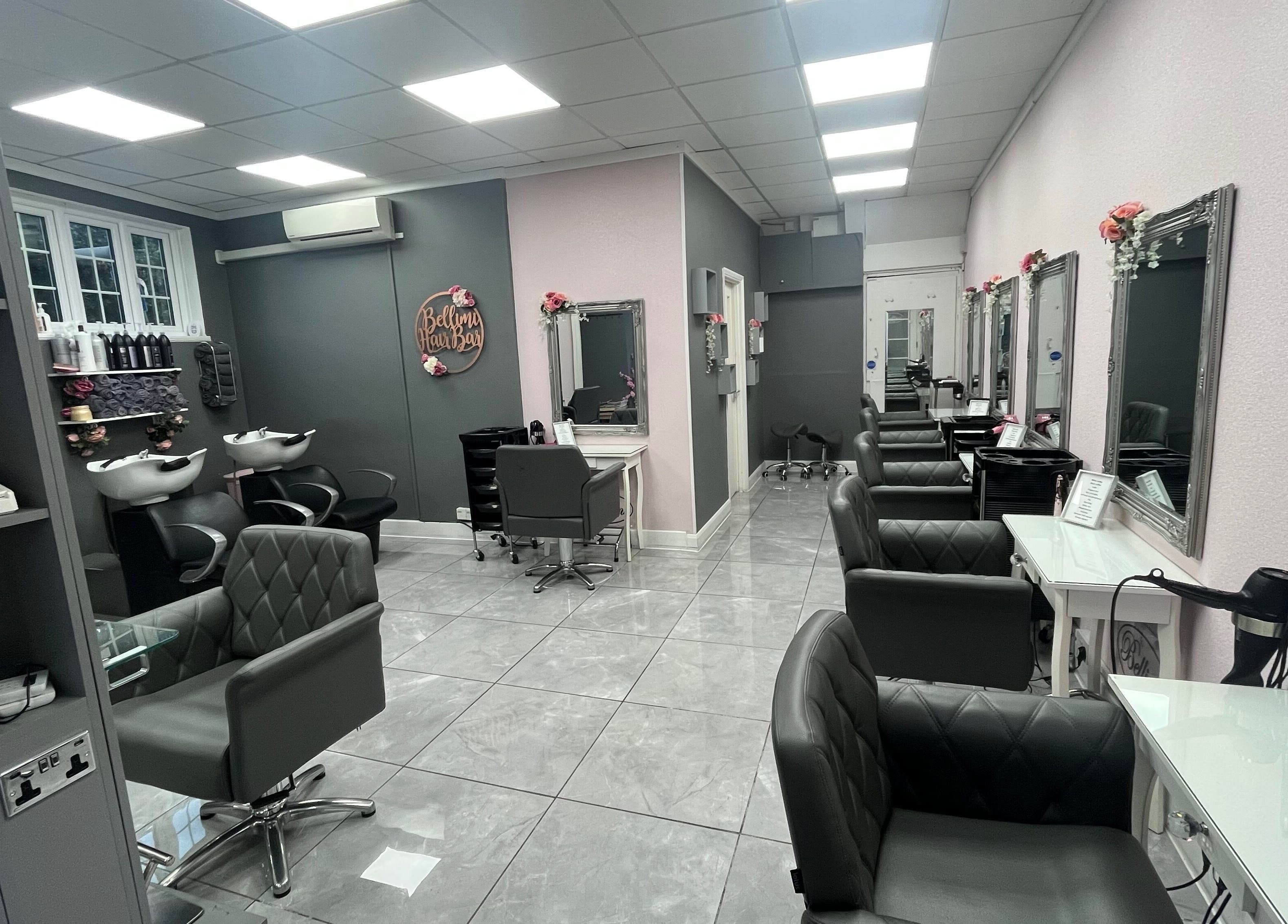 Chic interior of Bellimi Hair Bar in Tonbridge, England, GB showcasing stylish hair styling stations.