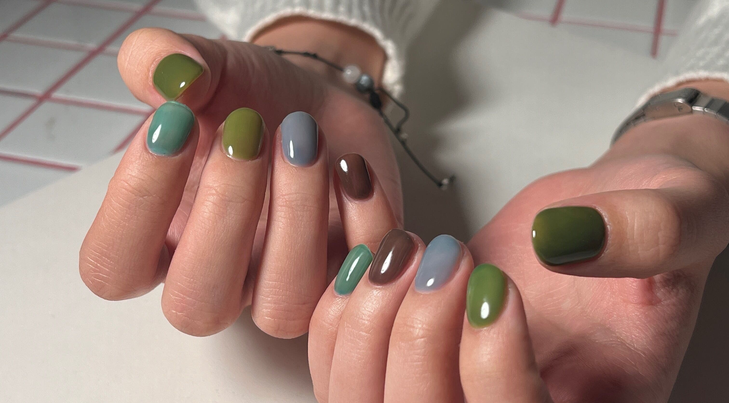 Stylish green and blue nails at Eggkeys! Nails by Thea C.K., Salt Lake City, Utah, US.