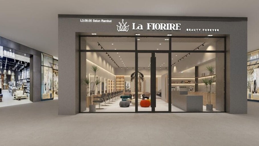 La FIORIRE Korean Hair Salon entrance at PAVILION Bukit Jalil, Kuala Lumpur, featuring chic interior design.
