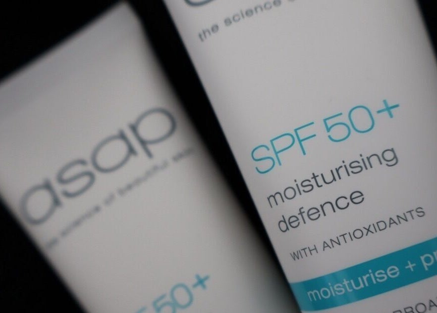 Close-up of SPF 50+ moisturizing defense products at Skinlibrium, Canning Vale, Western Australia, AU.