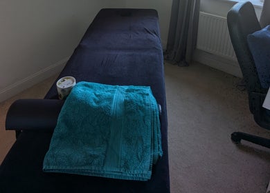Massage table ready for clients at BMc Sports Massage in Haywards Heath, United Kingdom, GB.