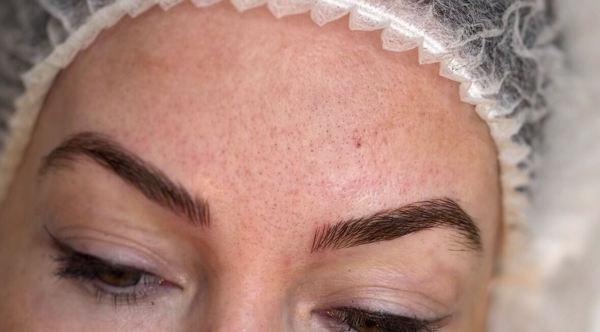 Closeup of expertly shaped brows at Katie Mai Beauty & Aesthetics, Stevenage, England, GB.