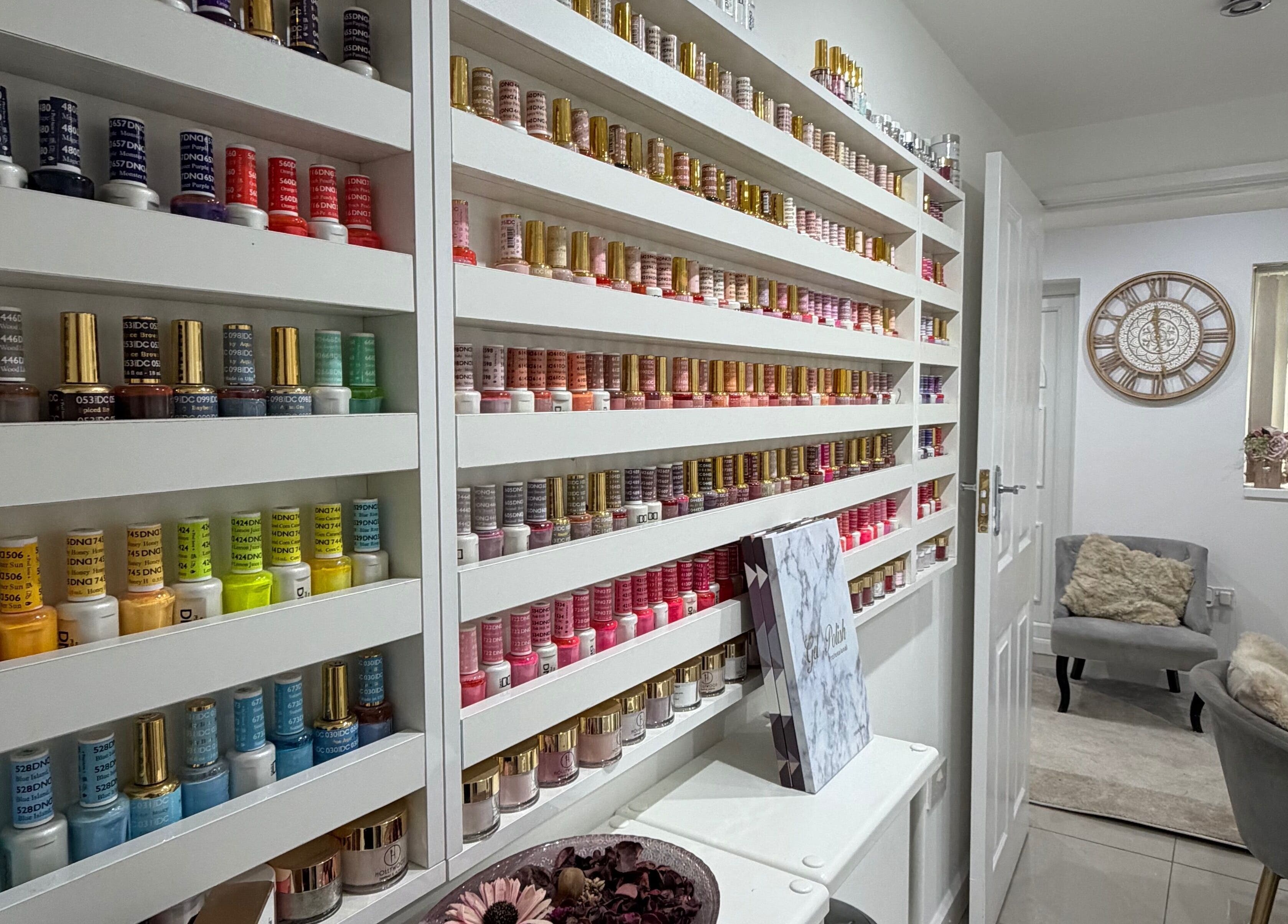 Colourful nail polish display at Kay, Hounslow, England, GB, showcasing a variety of manicure options.