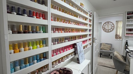 Colourful nail polish display at Kay, Hounslow, England, GB, showcasing a variety of manicure options.