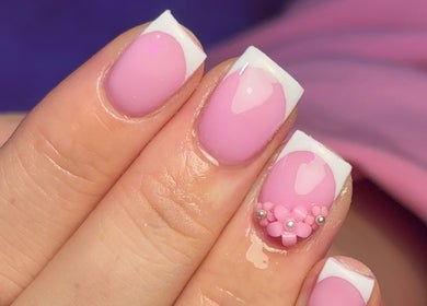 Elegant pink and white manicure with floral accents at MCR Beauty Room, Worsley, England, GB.