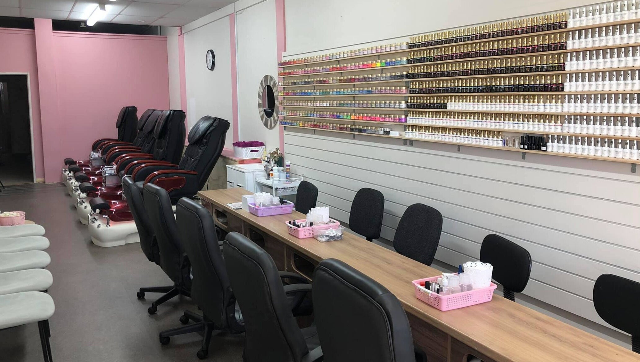 Interior of Ruby Nails with manicure stations in Palmerston North, Manawatu-Wanganui, NZ.