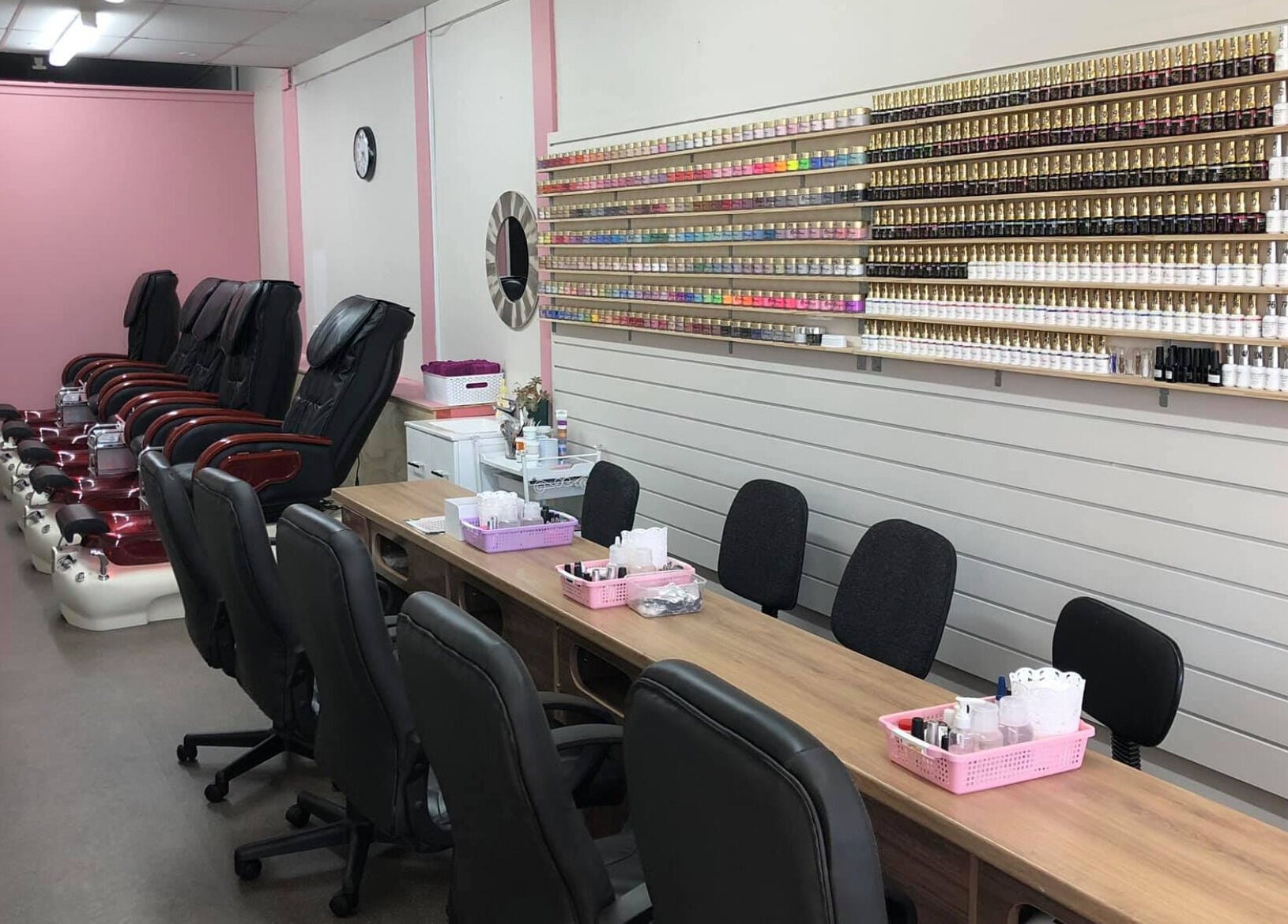 Interior of Ruby Nails with manicure stations in Palmerston North, Manawatu-Wanganui, NZ.