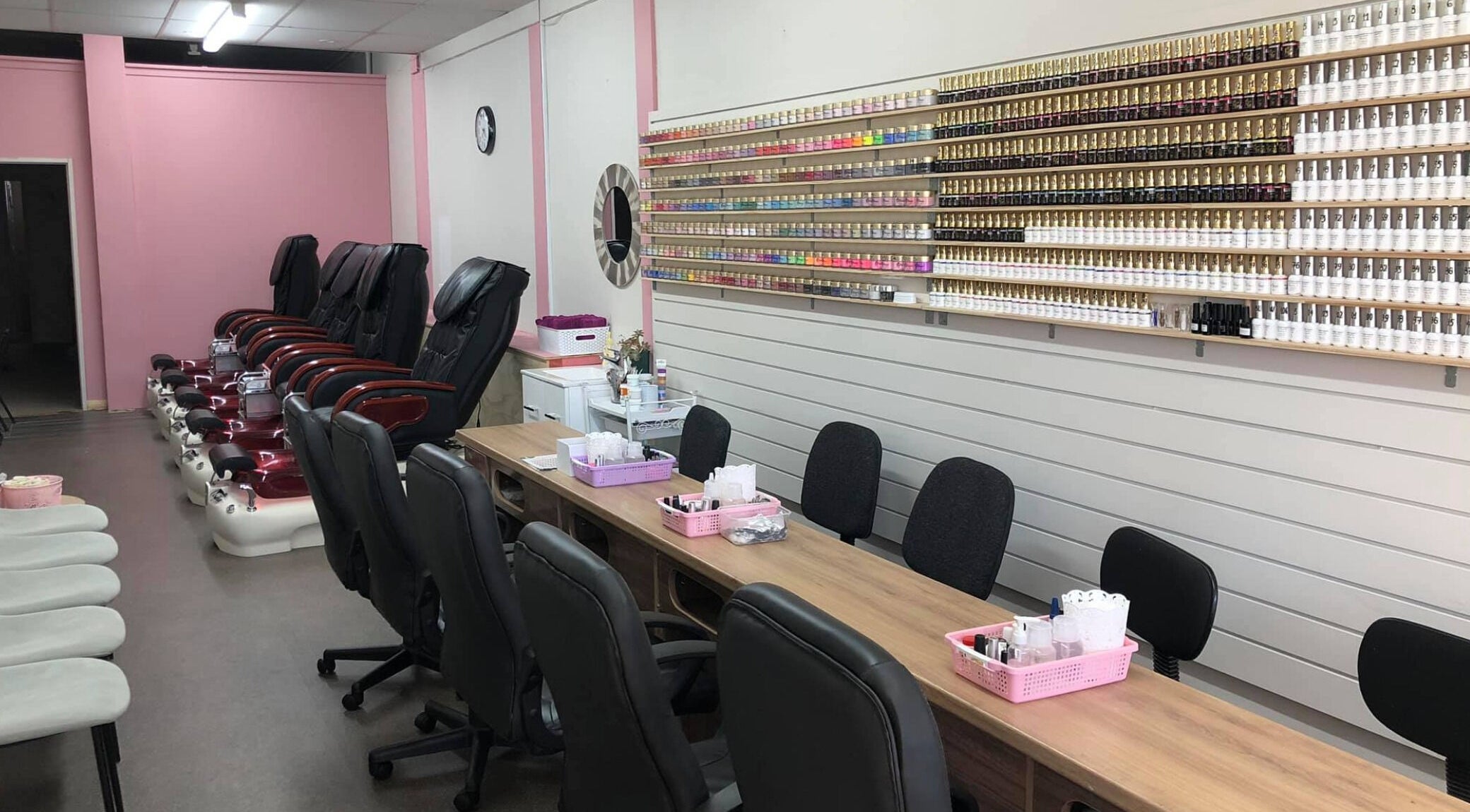 Interior of Ruby Nails with manicure stations in Palmerston North, Manawatu-Wanganui, NZ.