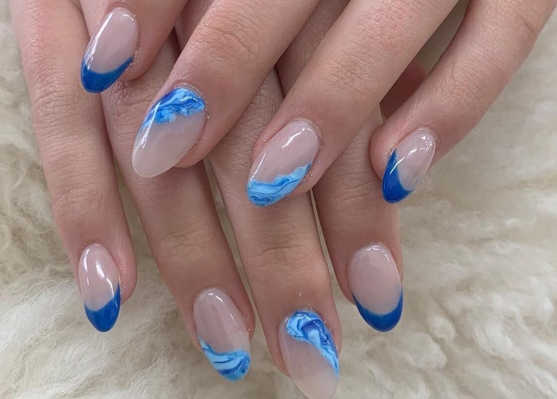 Stunning blue marbled nail art at Ruby Nails, Palmerston North, Manawatu-wanganui, NZ.