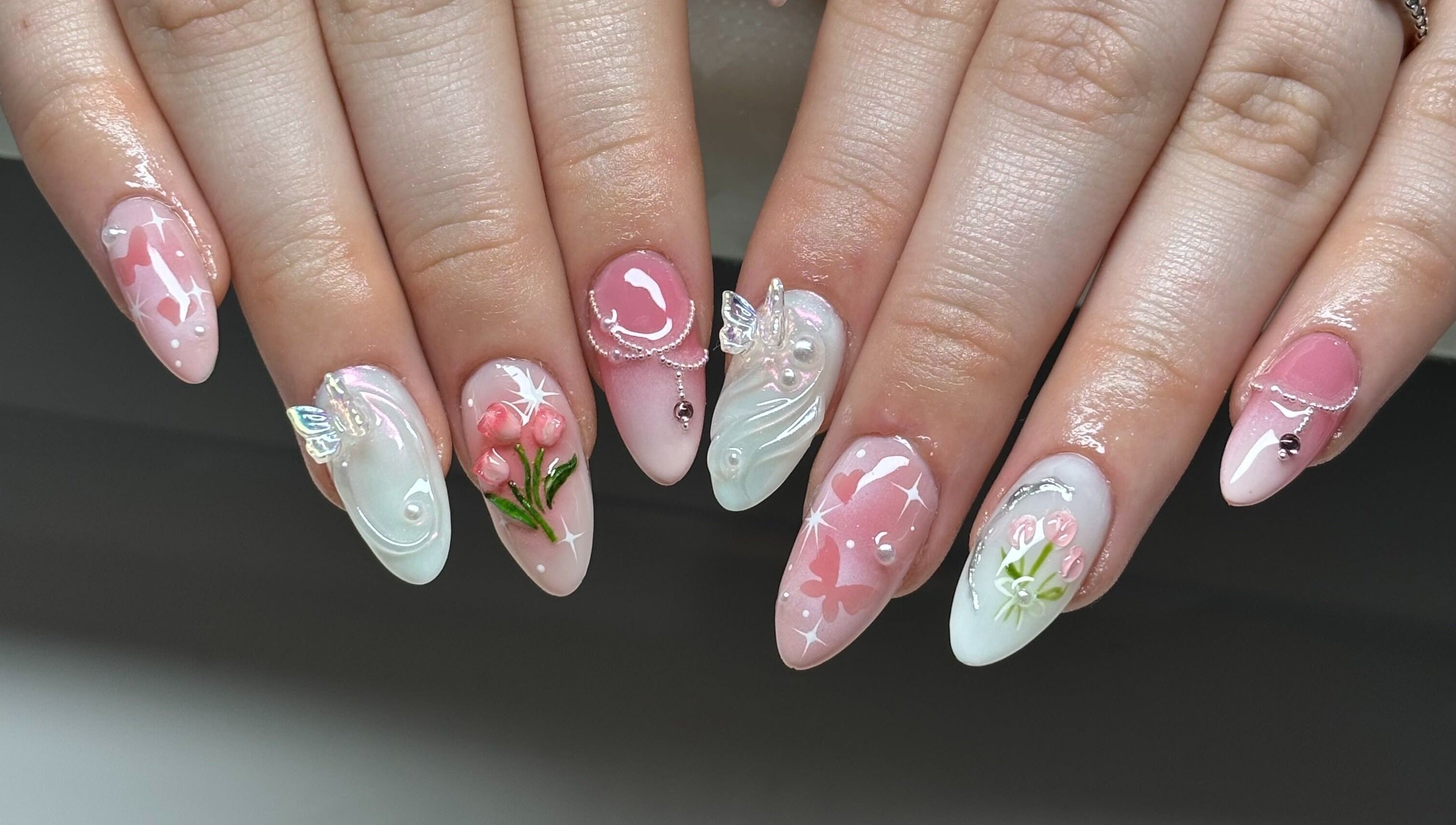 Stunning pink and white nail art at NailFrantasy (Stockton). Located in Stockton-on-tees, England, GB.