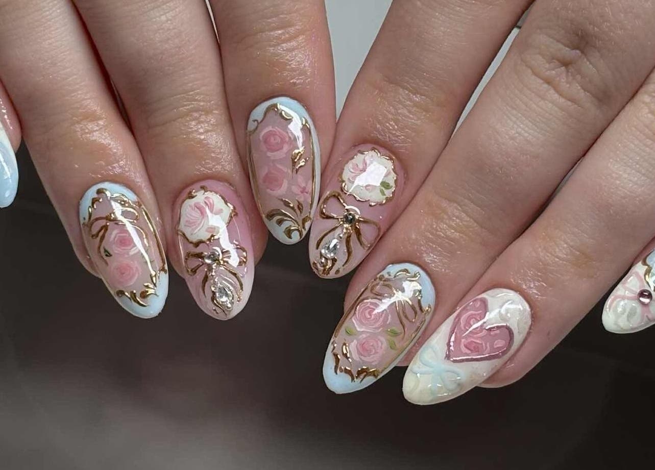 Elegant floral nail art at NailFrantasy (Stockton), located in Stockton-on-tees, England, GB.