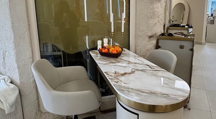 Chic marble nail station at Nailfrantasy (Headkandy Middlesbrough), Coulby Newham, England, GB, showcasing stylish decor.