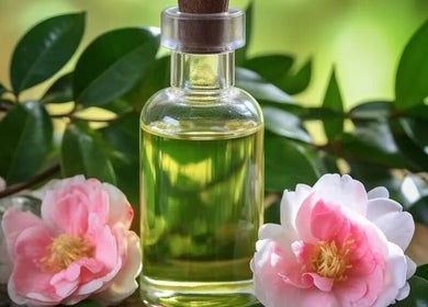 Aromatherapy oil and pink flowers at Perfect Massage, Columbus, Ohio, US.