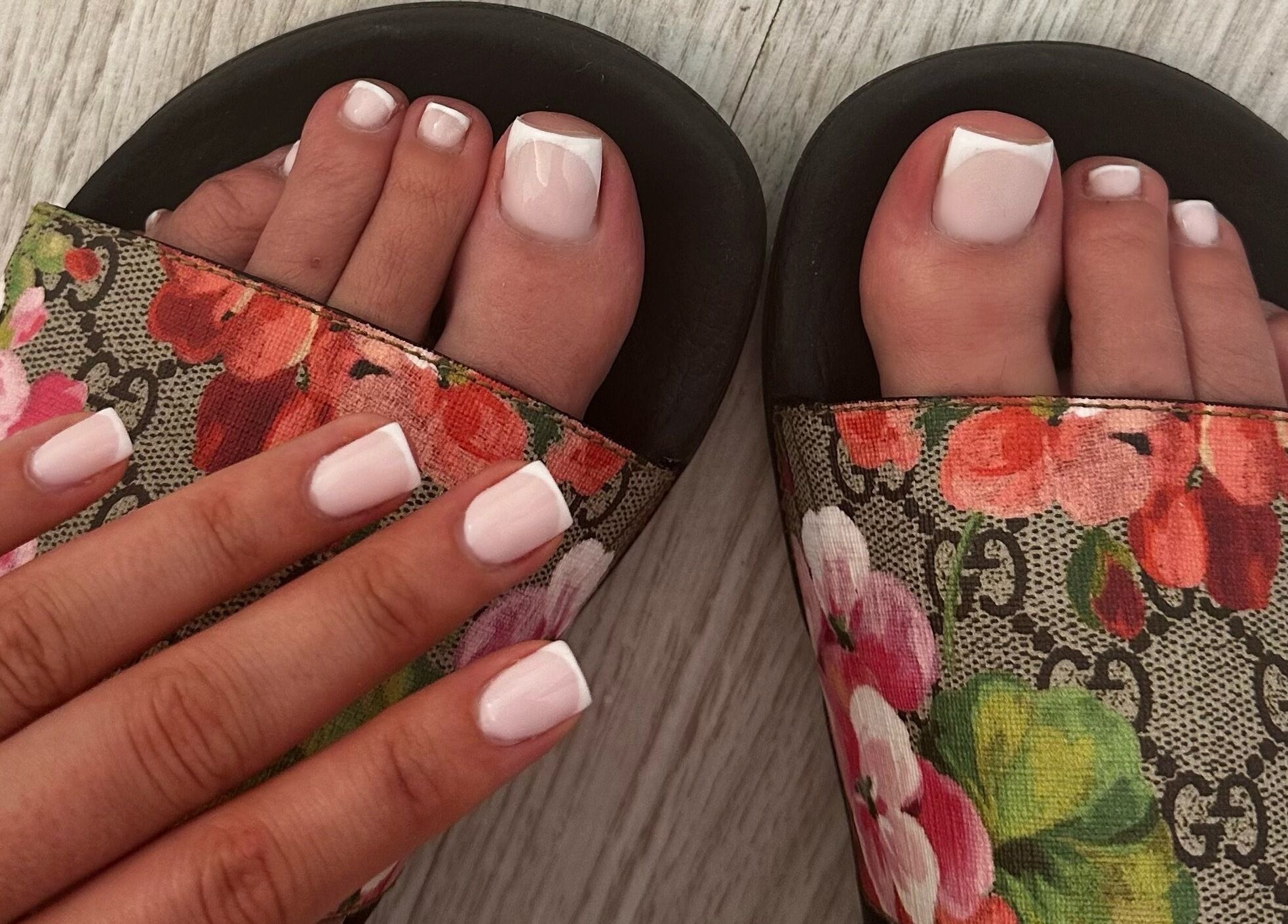 Elegant French manicure and pedicure with floral sandals at Shape Studios, Cardiff, Wales, GB.