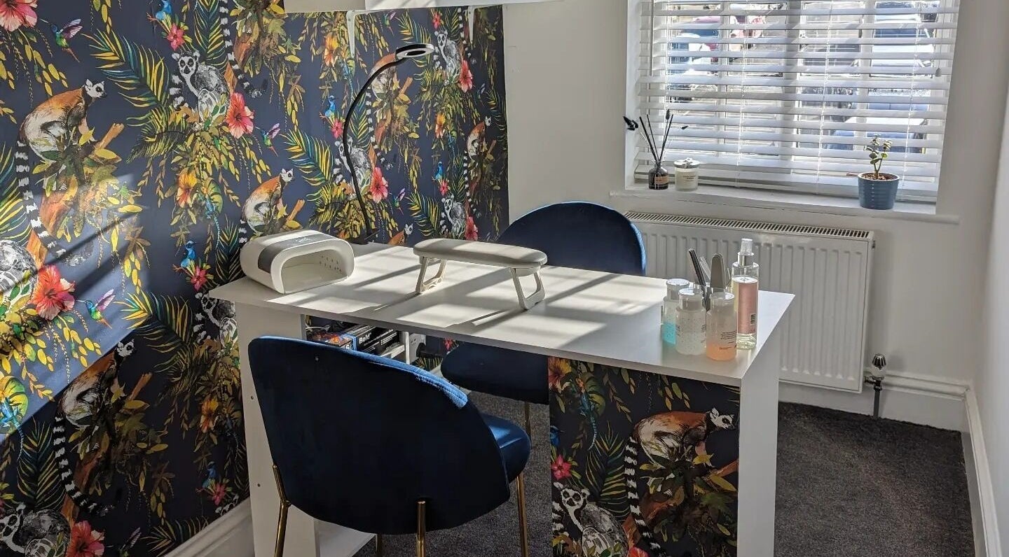 Cozy nail treatment area at The Nail Attic in Ripon, England, GB, featuring tropical-themed decor.