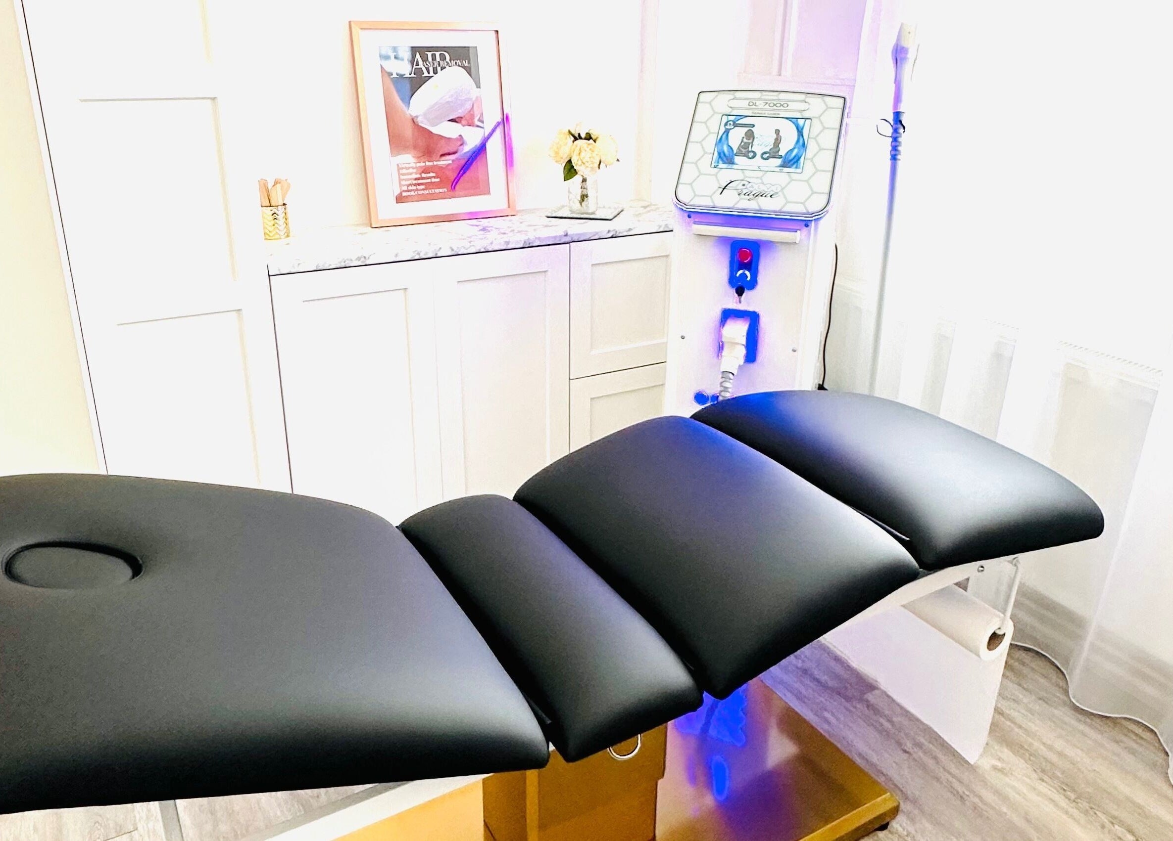 Modern treatment chair and equipment at MK Aesthetics Clinic, Derby, England, GB, offering premium beauty services.