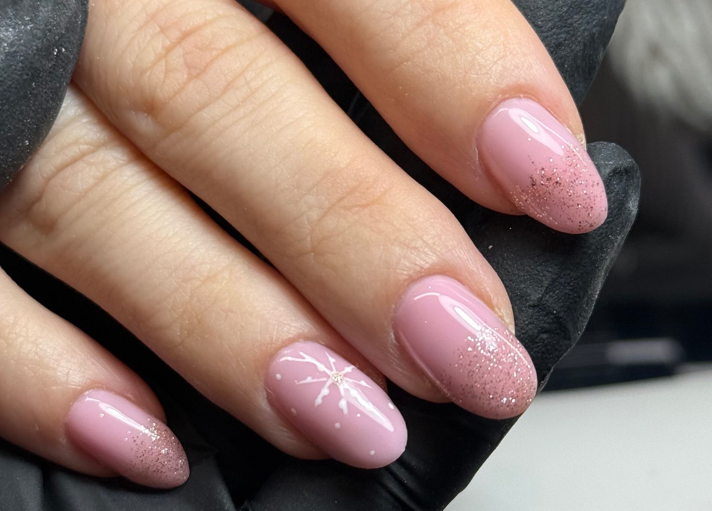 Pink glitter and floral nail art at Beauty By Rebecca, Airdrie, Scotland, GB.