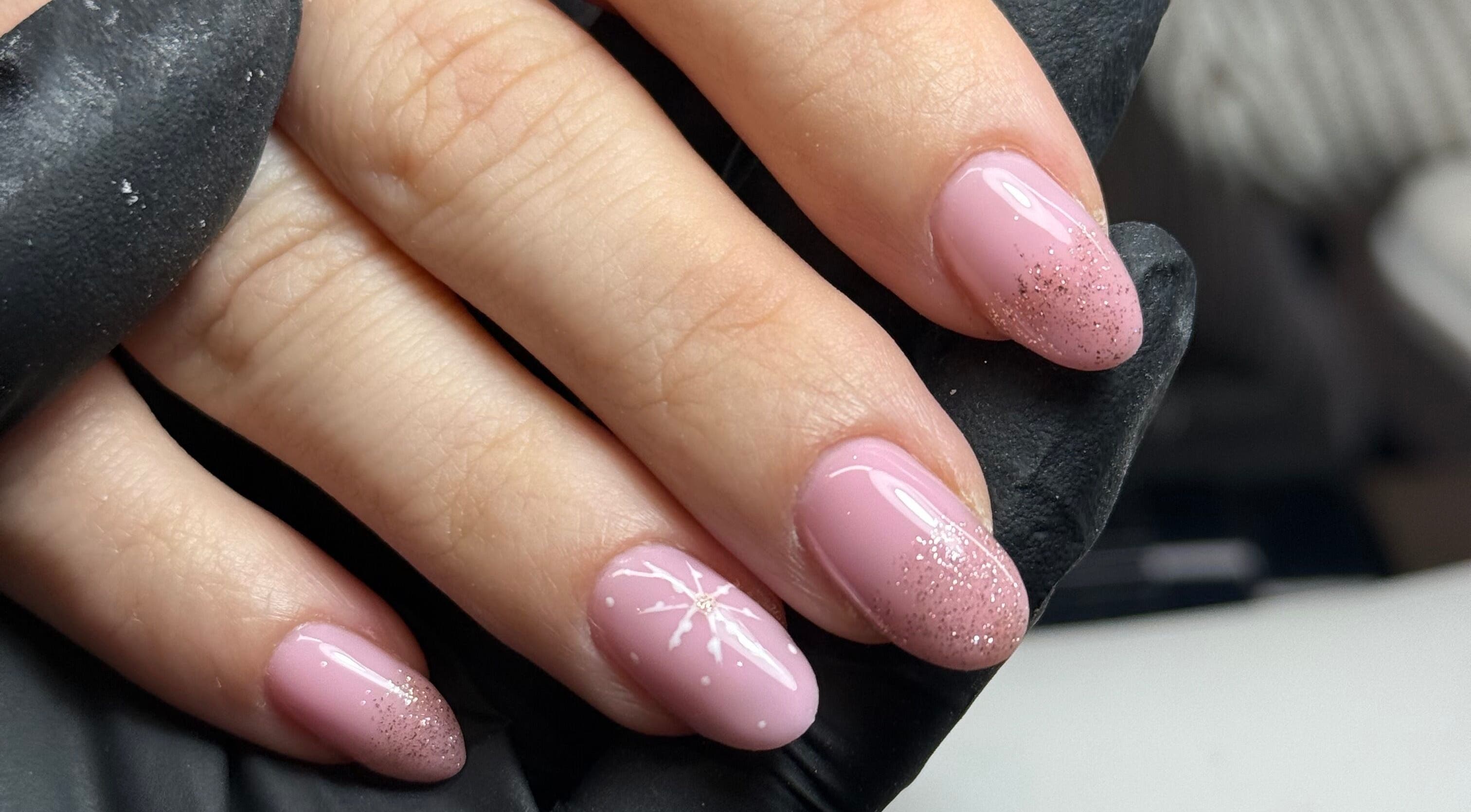 Pink glitter and floral nail art at Beauty By Rebecca, Airdrie, Scotland, GB.