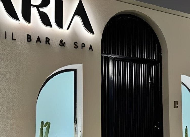 Entrance of Aria Nail Bar and Spa in Al Khobar, Eastern Province, SA, showcasing modern design and welcoming ambiance.
