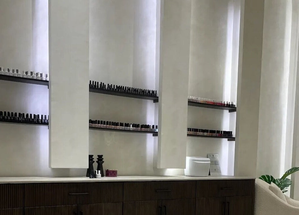 Elegant nail polish shelves at Aria Nail Bar and Spa, Al Khobar, Eastern Province, SA.