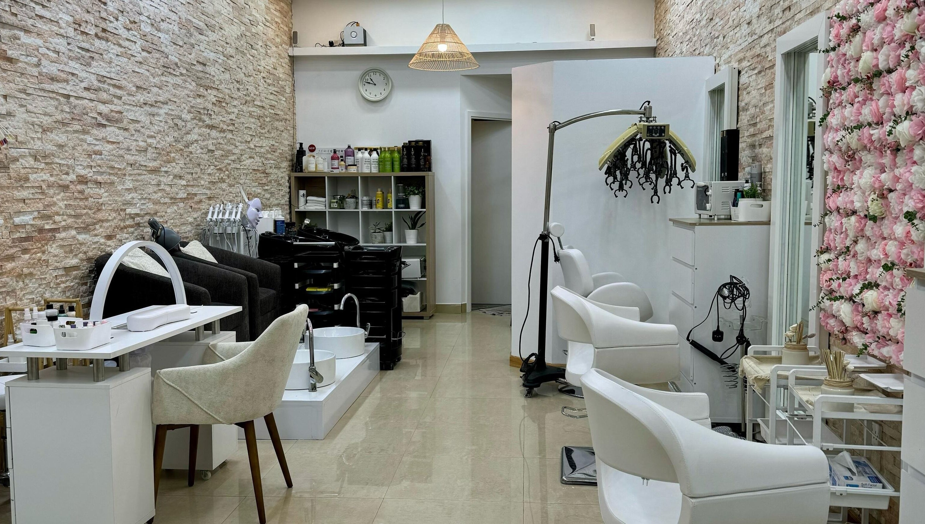 Interior of Korean Digital Perm Salon in Dubai, AE, showcasing stylish chairs, decor, and beauty stations.