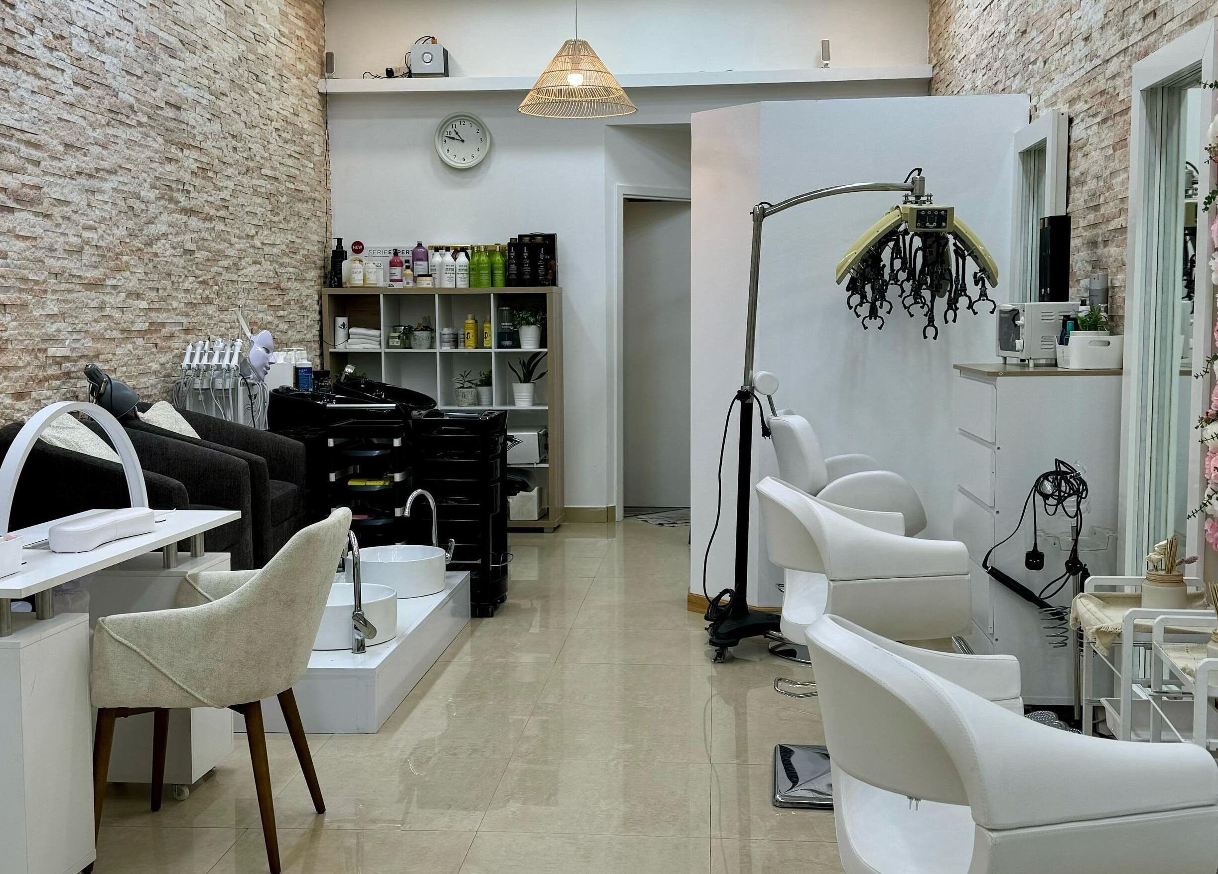 Interior of Korean Digital Perm Salon in Dubai, AE, showcasing stylish chairs, decor, and beauty stations.