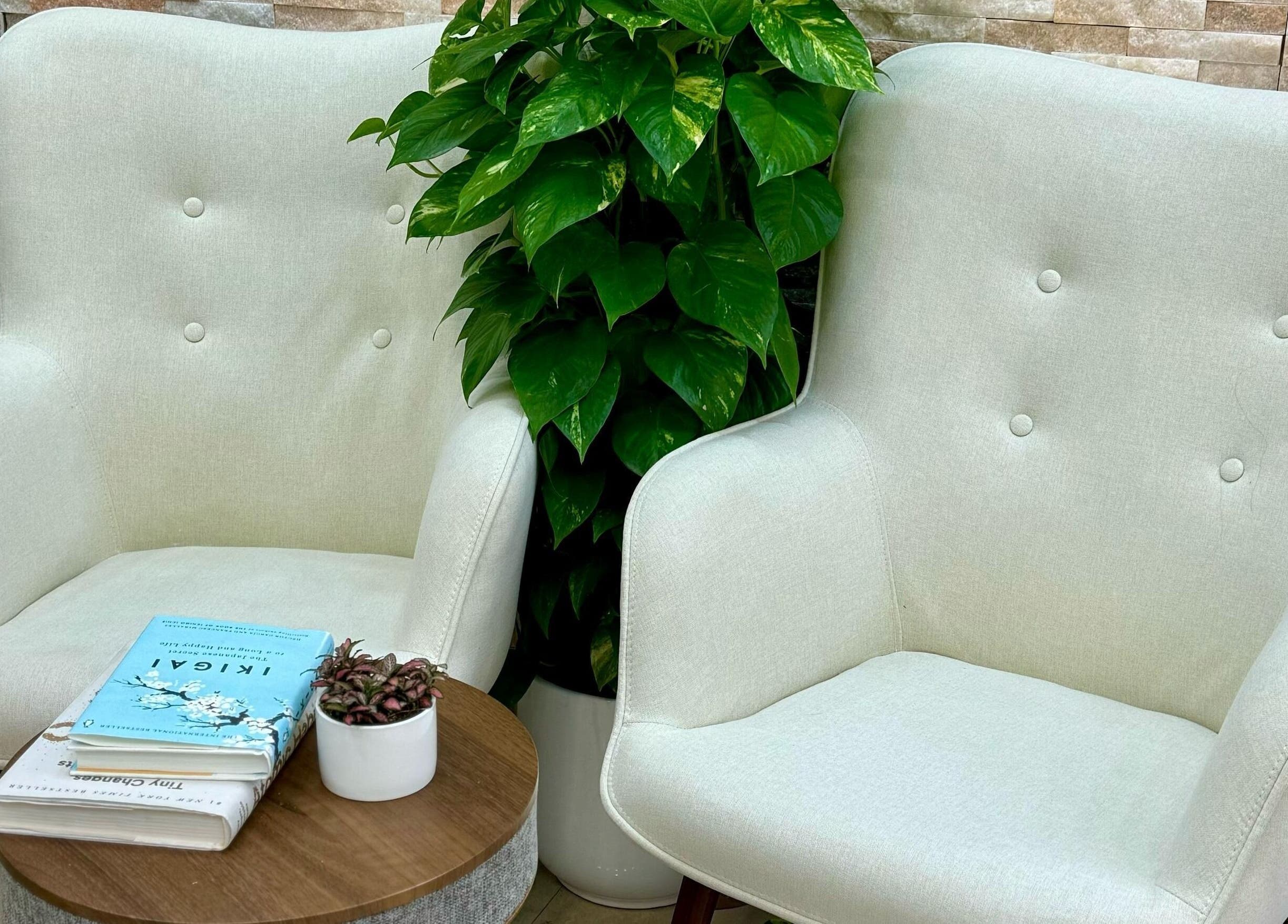 Elegant waiting area at Korean Digital Perm Salon, Dubai, AE, featuring plush chairs and lush green plant.