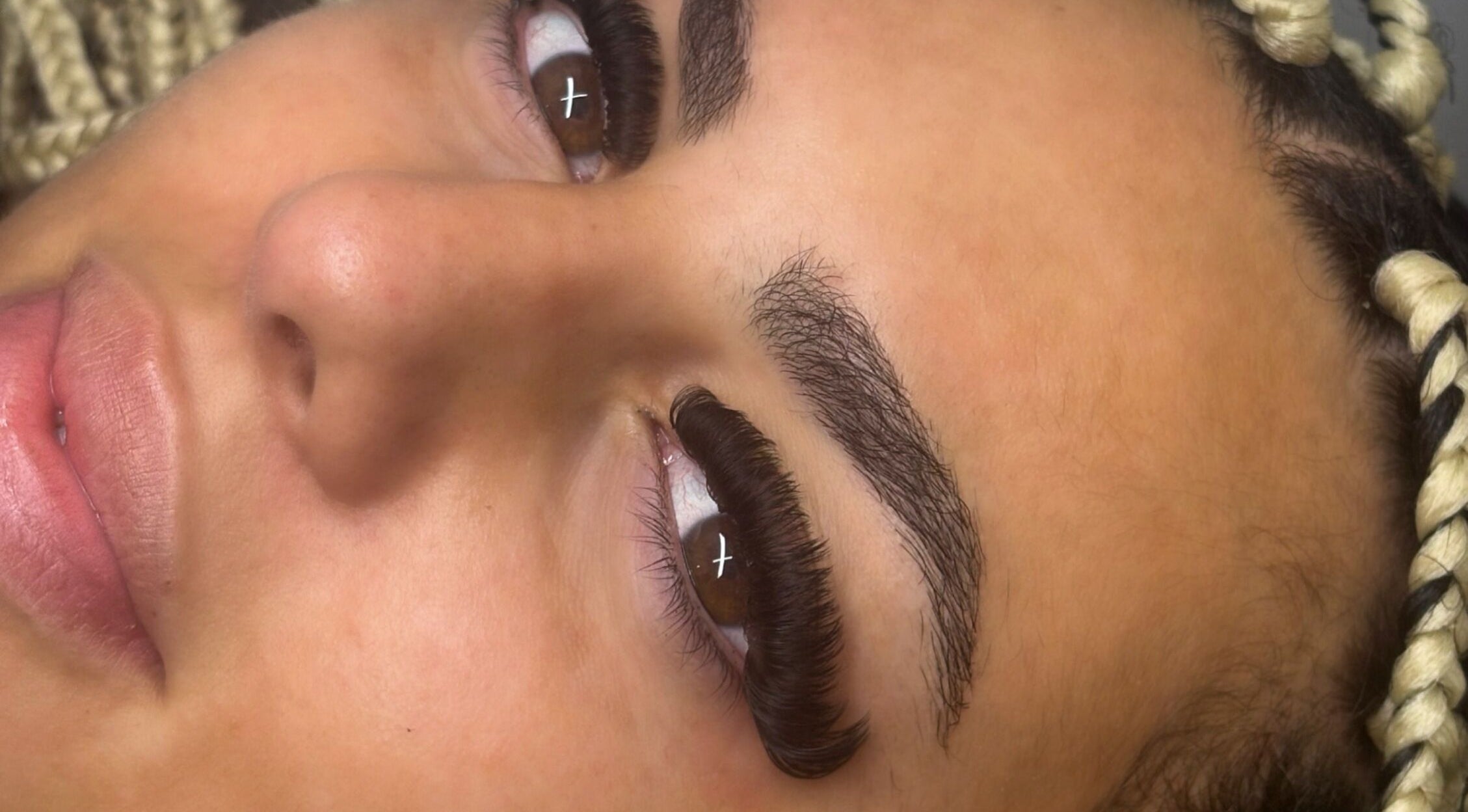 Close-up of expertly applied eyelash extensions at Ndlashes, Salford, England, GB.