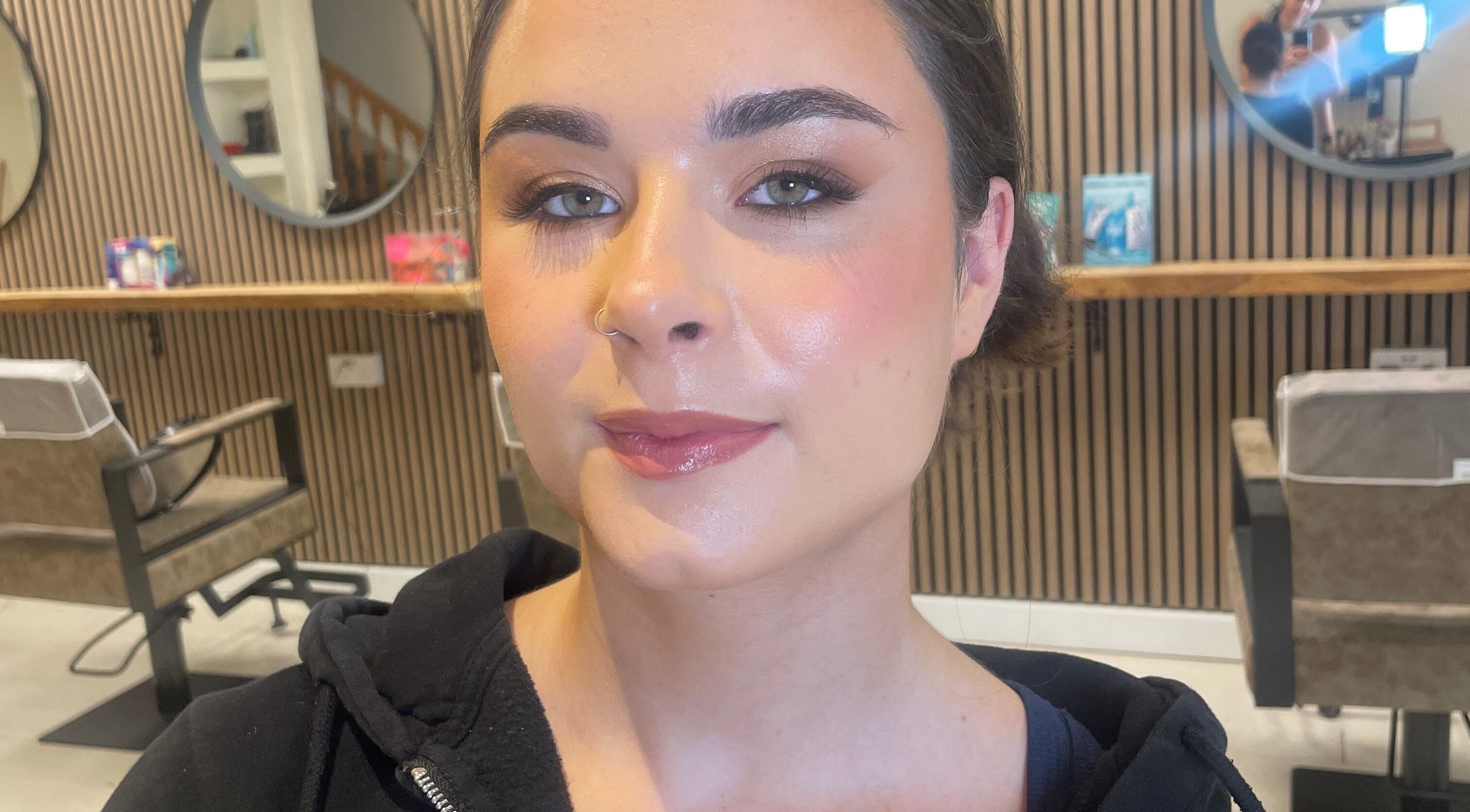 A client with luminous makeup at Lily Fitz MUA, Longford, County Longford, IE, showcasing beauty expertise.