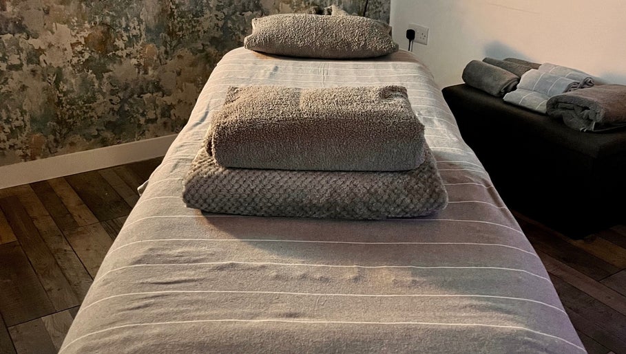 Relaxing massage table setup at Sports Massage with Paula in Llandudno Junction, Wales, GB.