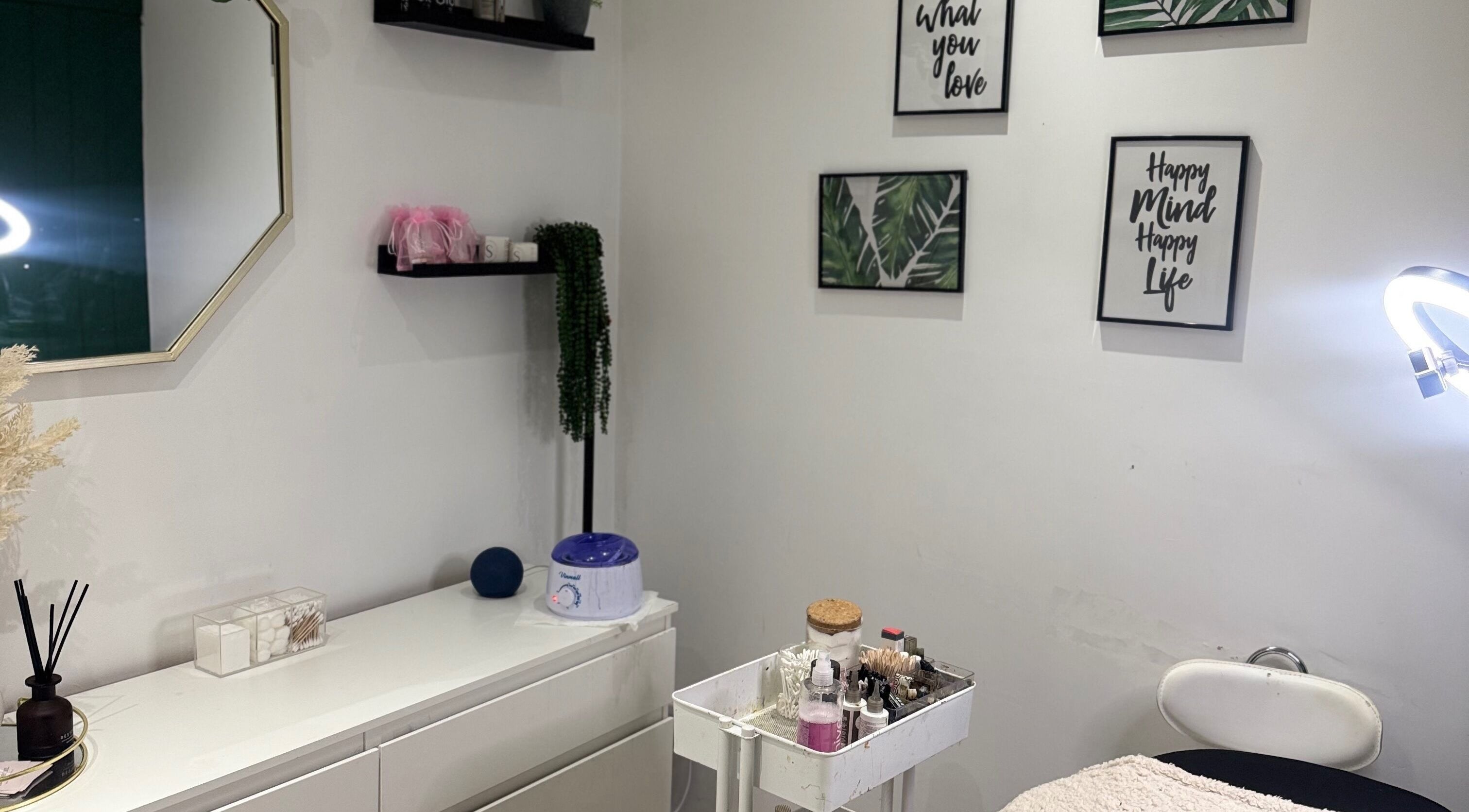 Elegant beauty room at Browsbymil, Tamworth, England, GB with decor and beauty tools.