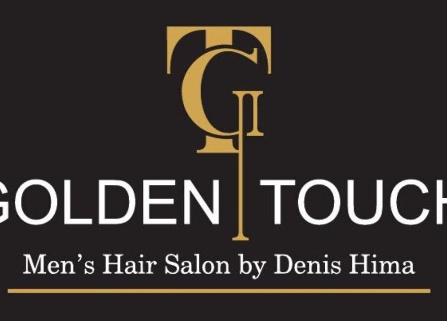 Λογότυπο του Golden Touch MensHair, Μέγαρα, GR με χρυσά γράμματα σε μαύρο φόντο.