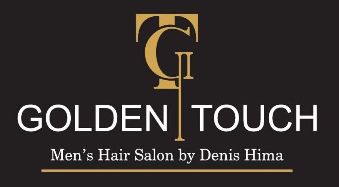 Λογότυπο του Golden Touch MensHair, Μέγαρα, GR με χρυσά γράμματα σε μαύρο φόντο.