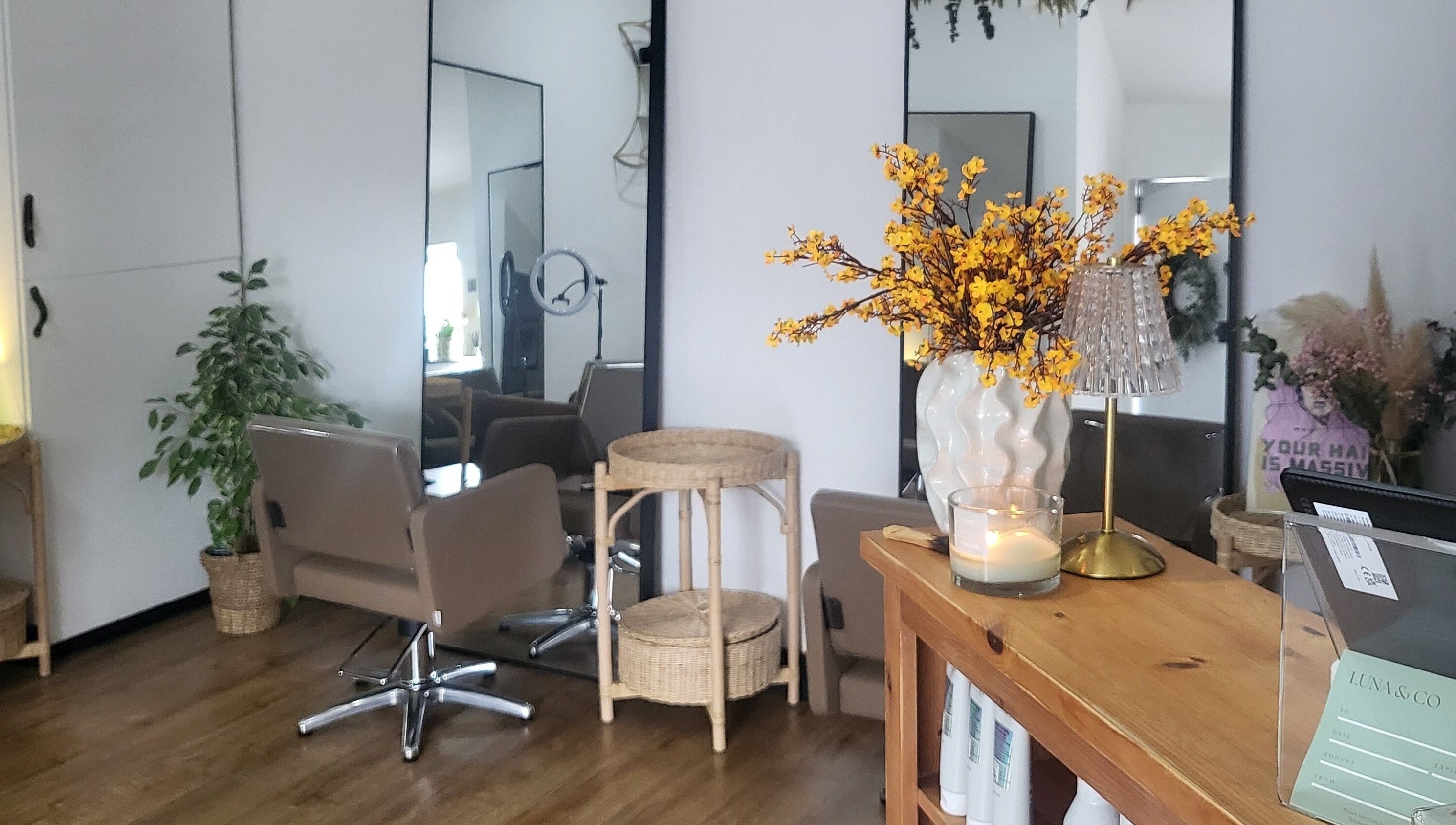 Elegant salon interior with floral decor at Luna & Co., Celbridge, County Kildare, IE.