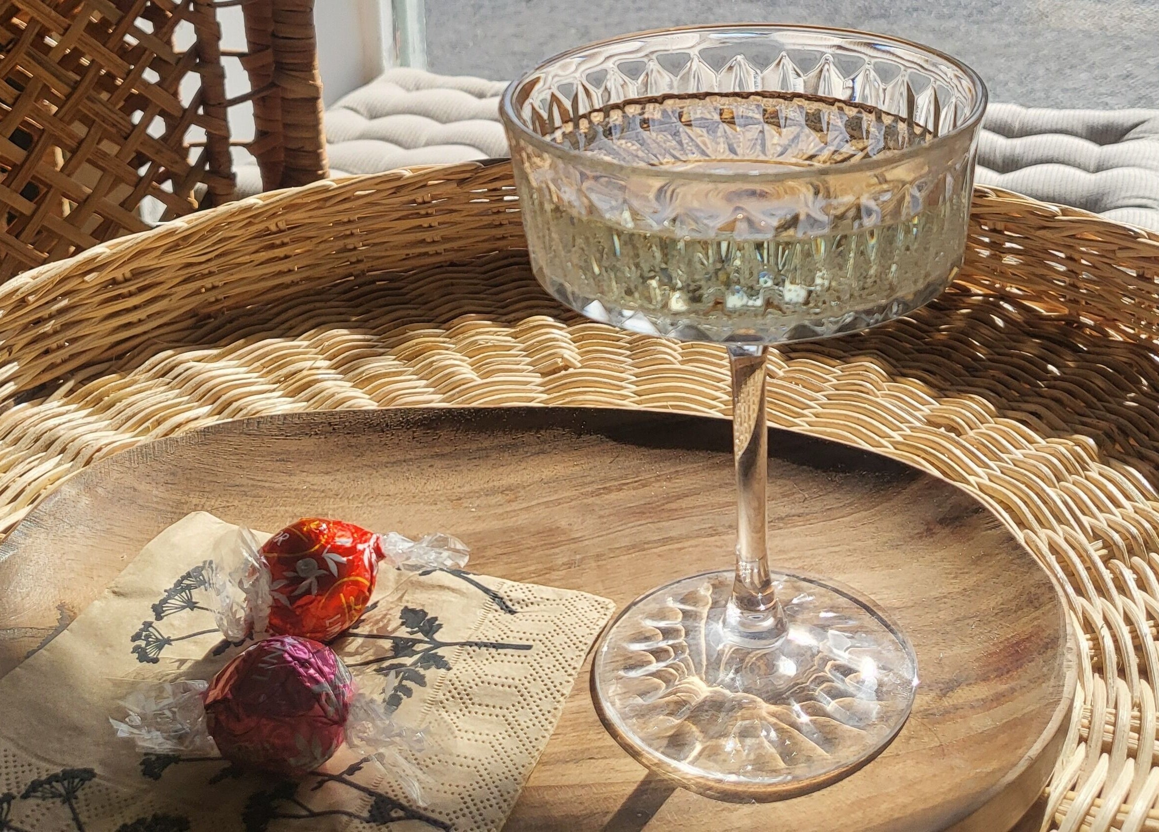 Glass of sparkling water with chocolates at Luna & Co., Celbridge, County Kildare, IE.