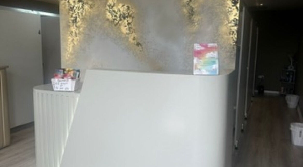 Modern reception area at lashesbydc, Leeds, England, GB with stylish decor and welcoming ambiance.