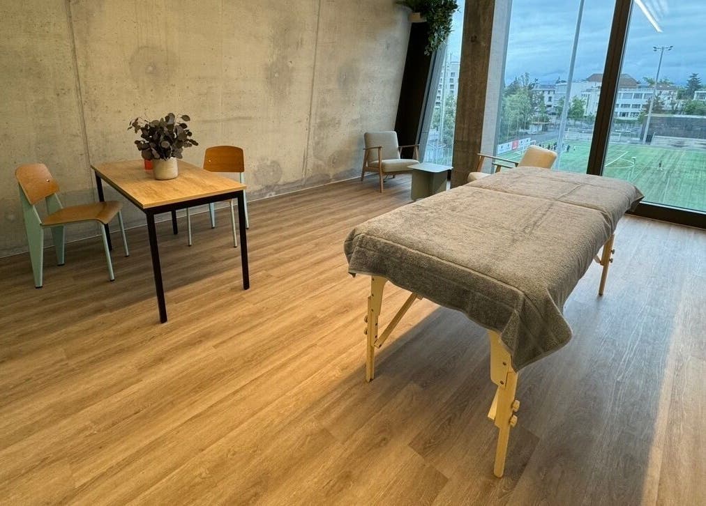 Salle de massage lumineuse à L'instant Colibri, Petit-lancy, Genève, CH, avec lit et vue sur jardin.