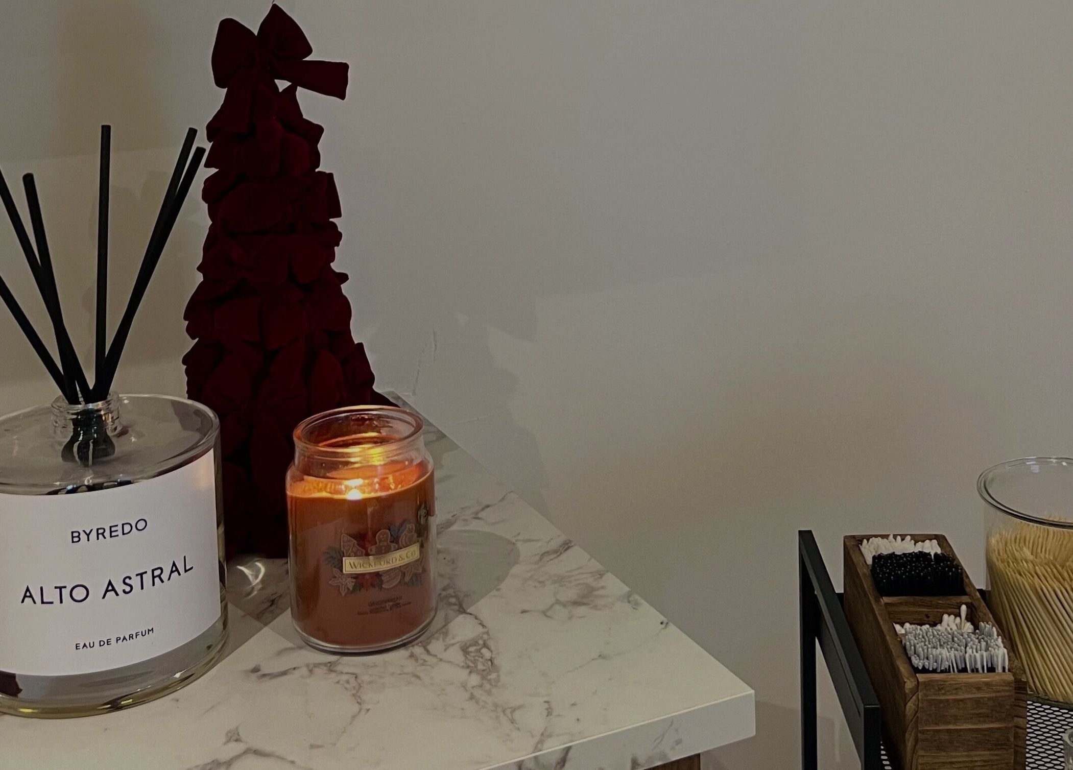 Elegant aroma setup with candles at Sophz Browz, Barry, Wales, GB enhancing relaxation.