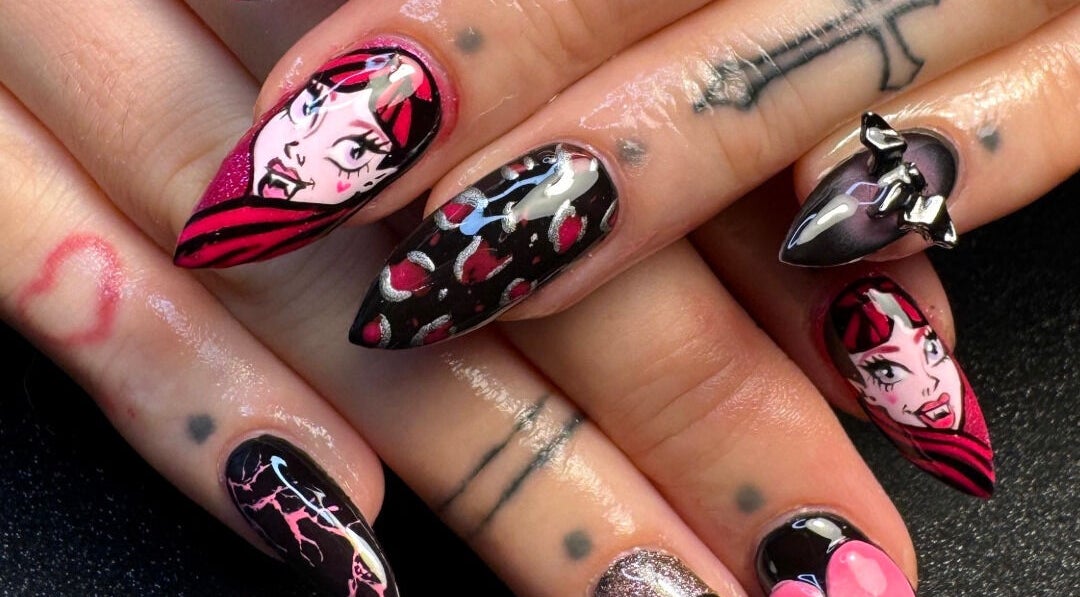 Colorful, artistic nail art design at Get Nailed by Molly, Liverpool, England, GB highlighting intricate hand-painted details.